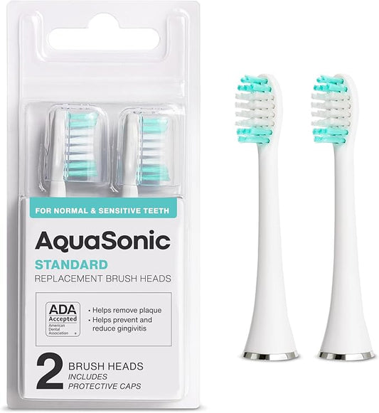 AquaSonic Standard Replacement Brush Heads | ADA Accepted | for Normal & Sensitive Teeth | Compatible with Many AquaSonic Toothbrush Handles (2 Pack White)
