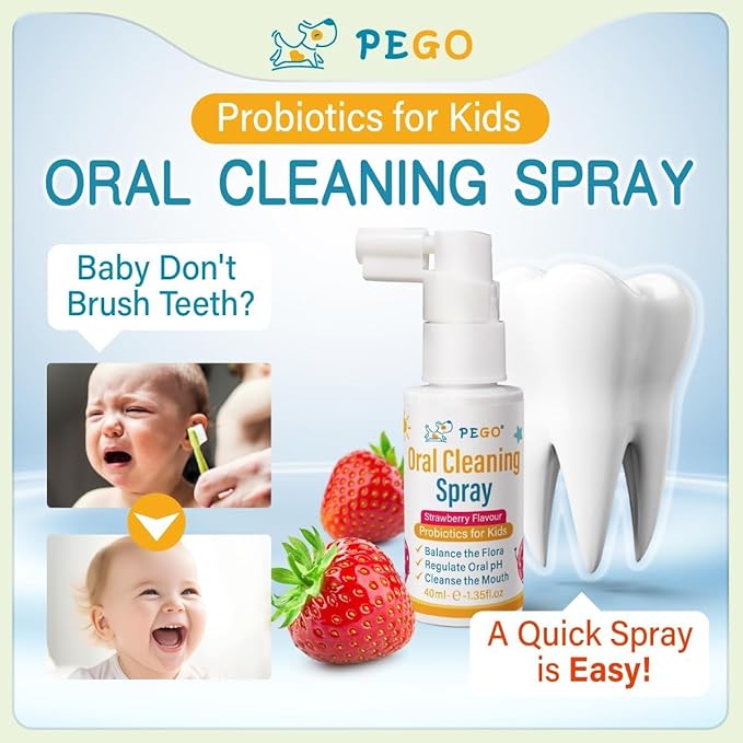 PEGO Kids Oral Spray-Toddler Toothpaste Helper for Fresh Breath, Fruit-Flavored, Probiotic Mouth Spray,Fluoride Free for Newborn to 12 Years (40ml*1, Strawberry)