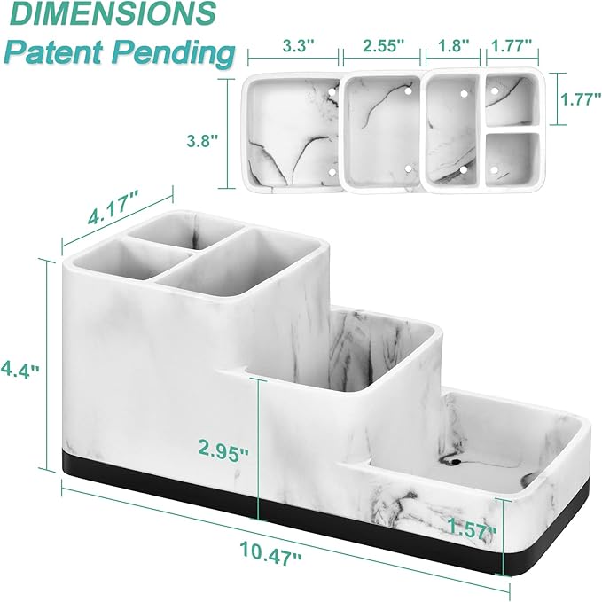 VITVITI Toothbrush Holder for Bathroom, Bathroom Organizer Countertop, 5 Compartment Bathroom Accessories Storage for Toothpaste/Vanity Counter, White Resin of Marble Color