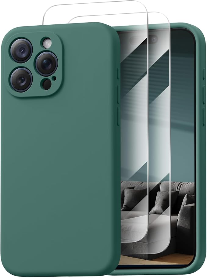 Magnetic for iPhone 15 Pro Case, Compatible with MagSafe, with 9H Nano Screen Protectors, Full Camera Protection, Silicone Shockproof Microfiber Lining Phone Case 6.1", Midnight Green
