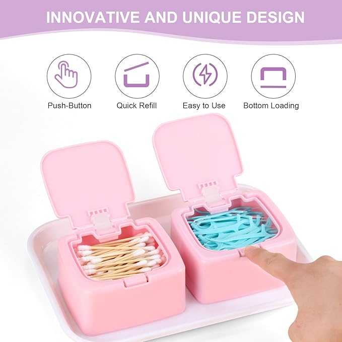 JGB Floss Pick Holder Container With One-Touch Opening, Quick Refill For Qtip, Cotton Swabs, Balls, Pads - Reusable Small Square Dispenser Box For Home, Hotel, Office Organizers and Storage - Pink