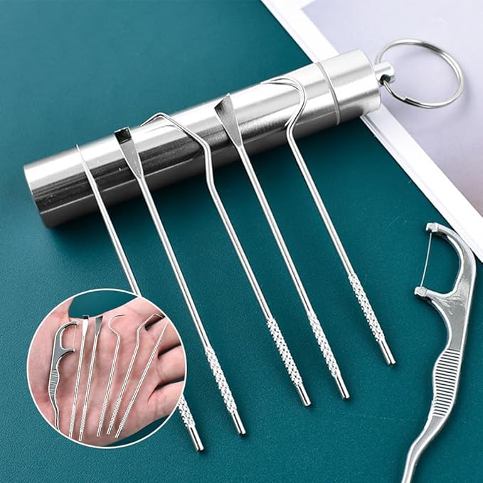 Stainless Steel Toothpick Set, Reusable Metal Toothpicks Cleaning Kit with Holder, Dental Picks Metal Dental Kit Oral Care Tools Toothpicks Pocket Set for Outdoor Picnic Camping Traveling (7 Pcs/Set)