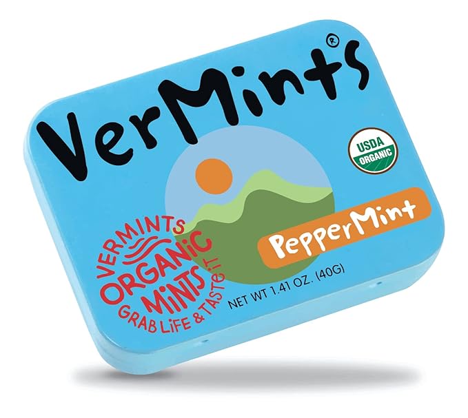 VerMints Organic Breath Mints PepperMint Candy Mints for Real Long-Lasting Flavor, Travel Size Tin - Non-GMO, Nut Free, Gluten Free, Vegan, Kosher Peppermints - 1.41oz Tins (Pack of 6)