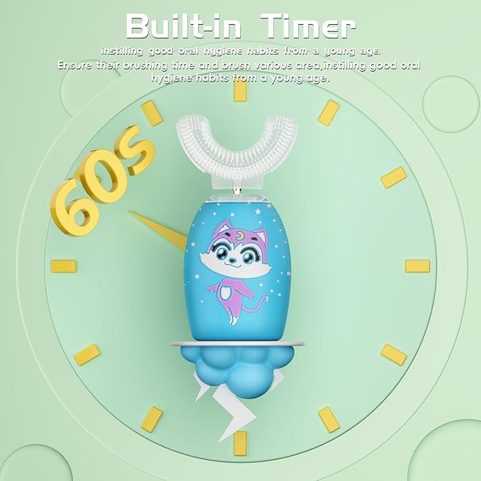 Kids Toothbrush Electric, U Shaped Ultrasonic Automatic Toothbrush with 4 Brush Heads,2 Cleaning Modes, Cartoon Modeling Design for Kids, Age 2-12
