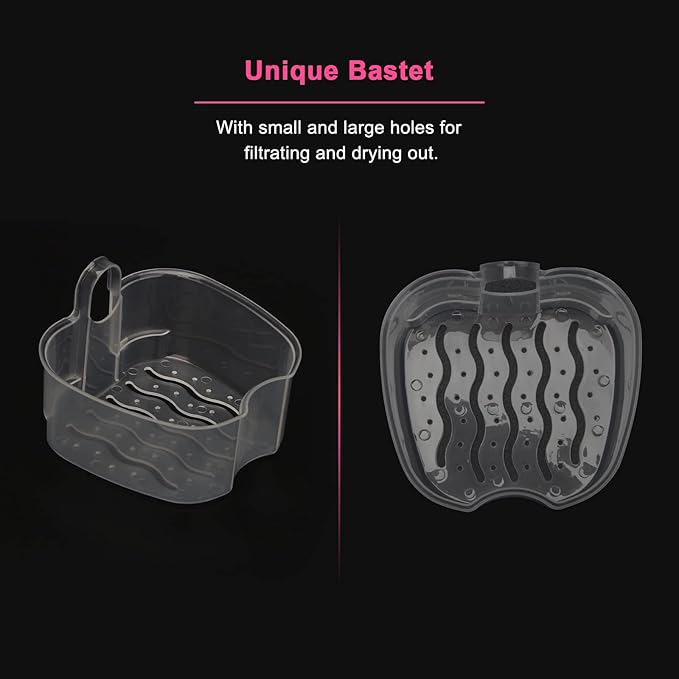 Denture Case, Denture Cup with Strainer, Coolrunner Denture Bath Box False Teeth Storage Box with Basket Net Container Holder for Travel, Retainer Cleaning(Pink）