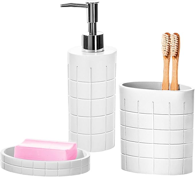 Creative Scents Polar White Bathroom Accessories Set with Trash Can - 6 Piece Bathroom Set Features: Waste Basket, Tissue Cover, Soap Dispenser, Toothbrush Holder, Tumbler and Soap Dish