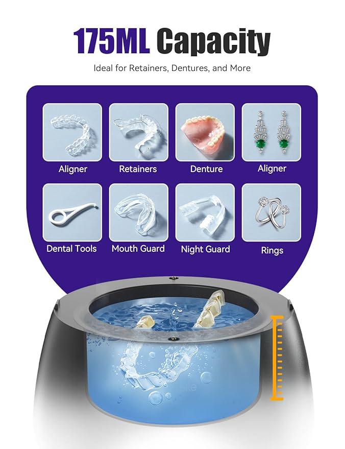 Ultrasonic Retainer Cleaner, EVA BELLE Denture Retainer Cleaner Machine, Tooth Cleaner for Oral Dental Care, Portable Rechargeable Dental Cleaning Pod for Night Guards, Braces, Aligner, Jewelry