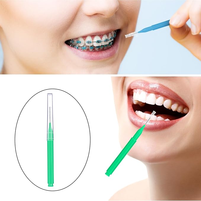 Patelai 100 Pieces Braces Brush for Cleaner Interdental Brush Toothpick Dental Tooth Flossing Head Oral Dental Hygiene Flosser Toothpick Cleaners Tooth Cleaning Tool (Blue, Green,Elegant Size)