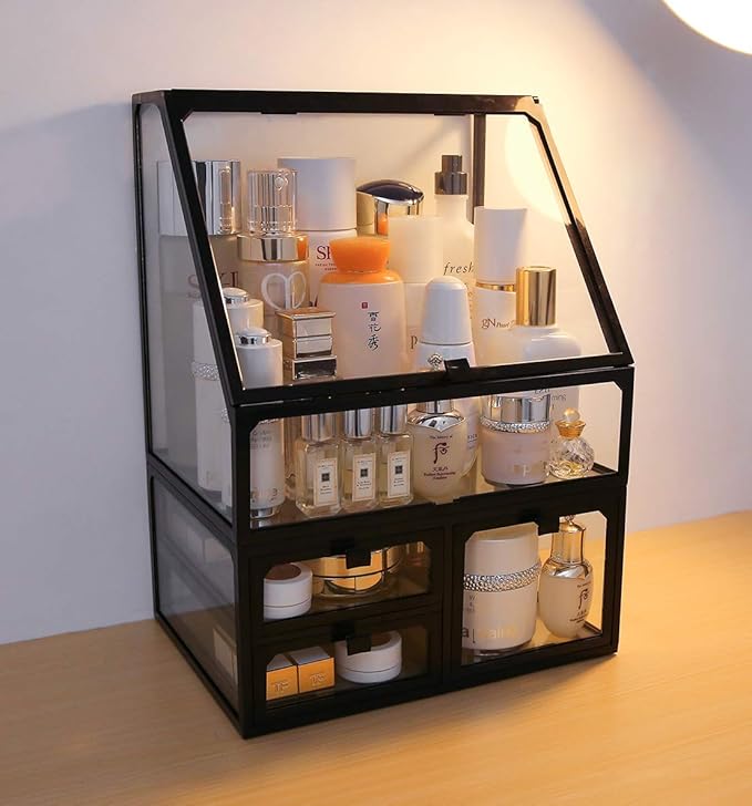 MOOCHI Black Vintage Glass Cosmetic Makeup Organizer 3 Drawers Set Dust Waterproof Cosmetics Storage Display Case Countertop for Brushes Lipsticks Jewelry