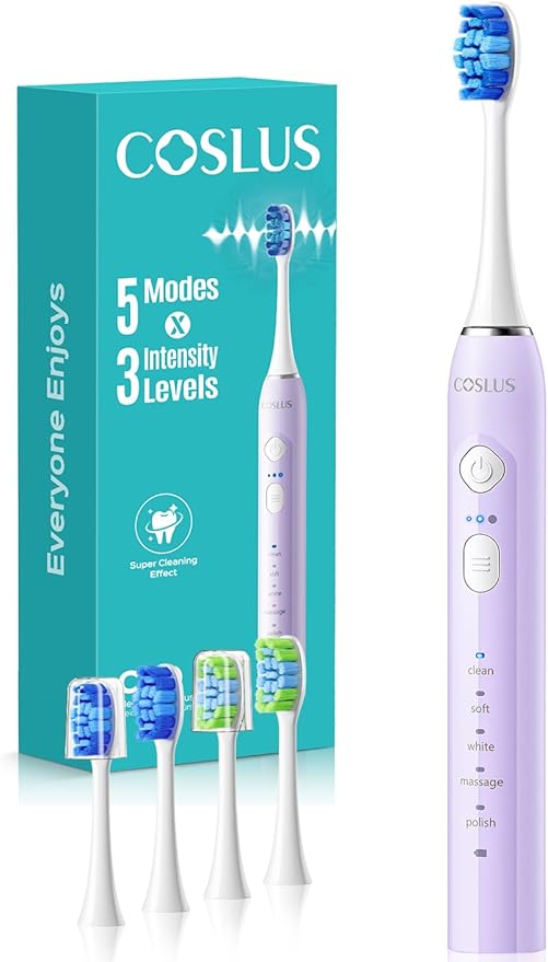 COSLUS Sonic Electric Toothbrush for Adults & Kids: 3 Intensities & 5 Modes Gum-Friendly for Deep Cleaning & Whitening - 2 Types of Heads for Family, Sensitive Teeth, Brace, Travel Home, Purple, 1PC