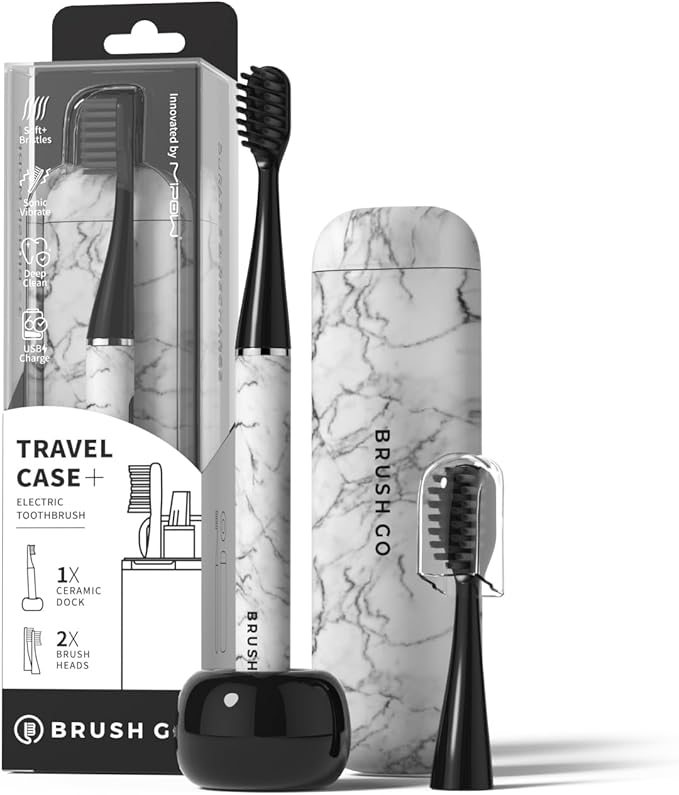 MIPOW Brush GO SlimPro i4 Electric Toothbrush Rechargeable Smart Ultra Sonic 3 Modes, Travel Case & Ceramic Dock, 60Day Battery Soft Bristles 2 Heads IPX7 Waterproof, Color-Carrara Edition