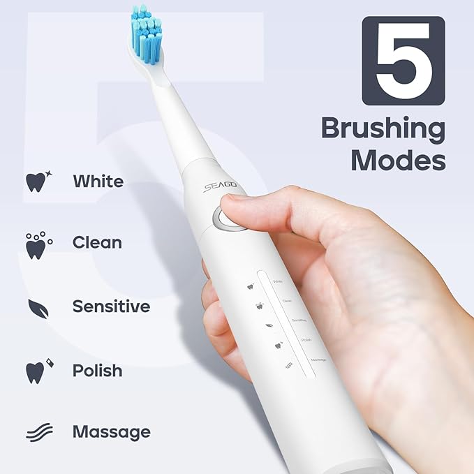 SEAGO Electric Toothbrush, Rechargeable Toothbrush for Adults Sensitive Teeth, 8 Brush Heads, 5 Modes with Teeth Whitening, Endurance 30 Days, Kids Electric Toothbrushes 6-12, SG-958(White)