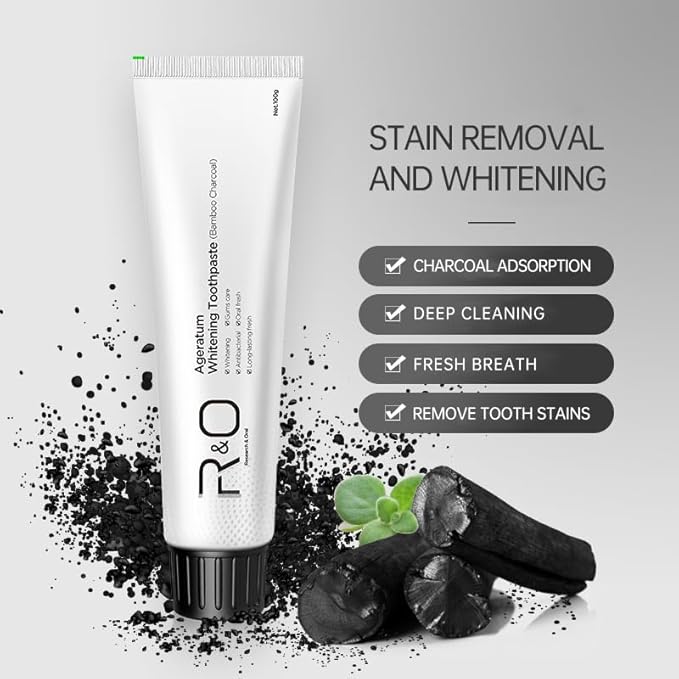 R&O Ageratum Whitening Toothpaste with Bamboo Charcoal, 3.53 oz - Removes Stubborn Stains, Great for Teeth Whitening, Reduces Plaque, Promotes Oral Health with Long - Lasting Fresh Breath (2 Tubes)