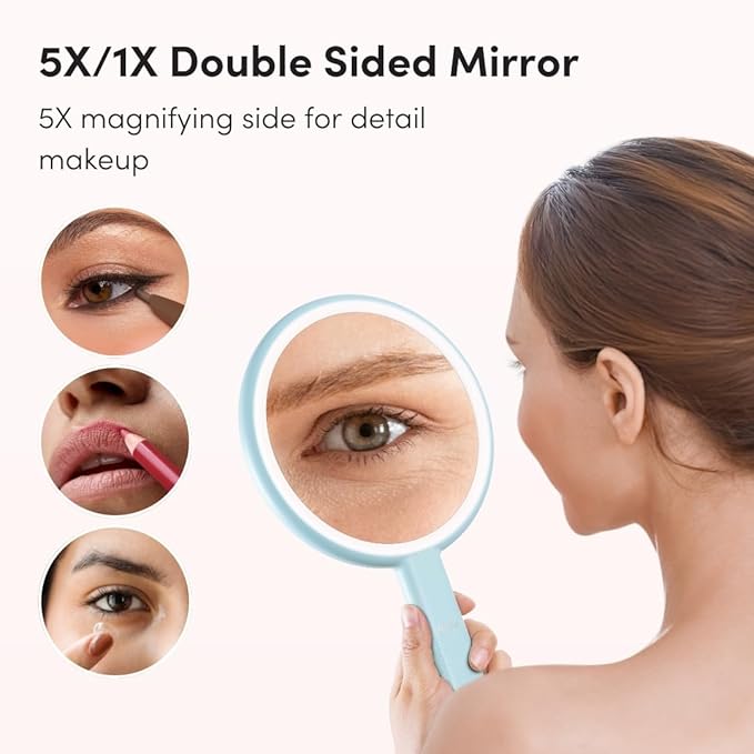 Fancii Cami Handheld Travel Makeup Mirror with Lights, Rechargeable, Extra Large, Double Sided 5X / 1X Magnifying Mirror - 3 Color Lighting, Handheld or Vanity (Blue Fluff)