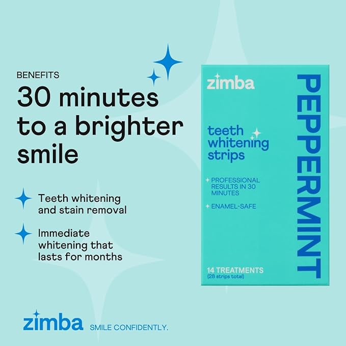 Zimba Peppermint & Coconut Teeth Whitening Strips for Teeth Sensitive, White Strips for Teeth Whitening, Teeth Whitener Stain Remover 28 White Strips Included Per Pack, 2 Pack (14 Day Treatment)