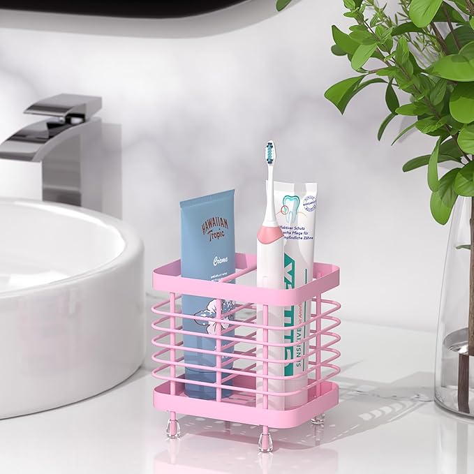 Luxspire Toothbrush Holders for Bathroom, Stainless Steel Electric Toothbrush Holder Wall Mounted, Shower Toothbrush Toothpaste Holder, Bathroom Organizer Essentials, 2 Slots, Pink