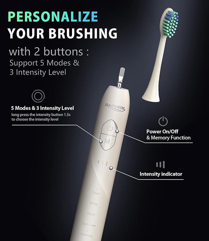 BAOVERI Electric Toothbrush for Adults&Kids, 42000 VPM Rechargeable Sonic Toothbrushe with 8 Brush Heads, 5 Modes & 3 Intensity Levels, IPX7 Waterproof, 2-Min Smart Timer, 4 H Fast Charge for 60 Days