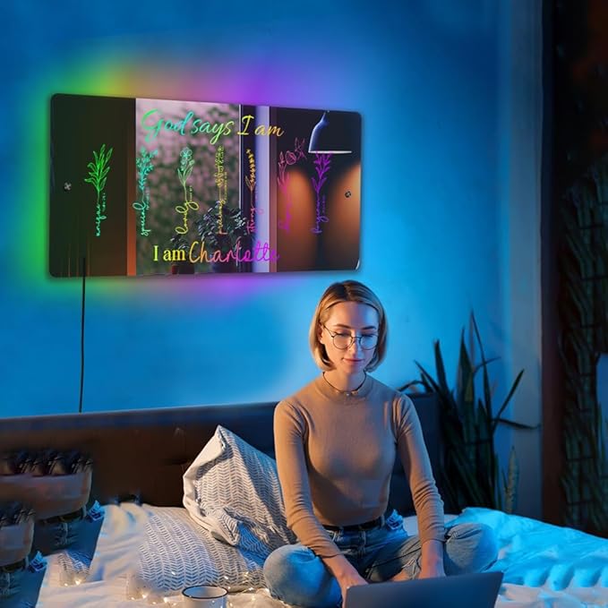 I Am Mirror - Personalized Affirmation LED Light - RGB Name Light Up Sign for Wall - Handmade Led Mirror for Bedroom