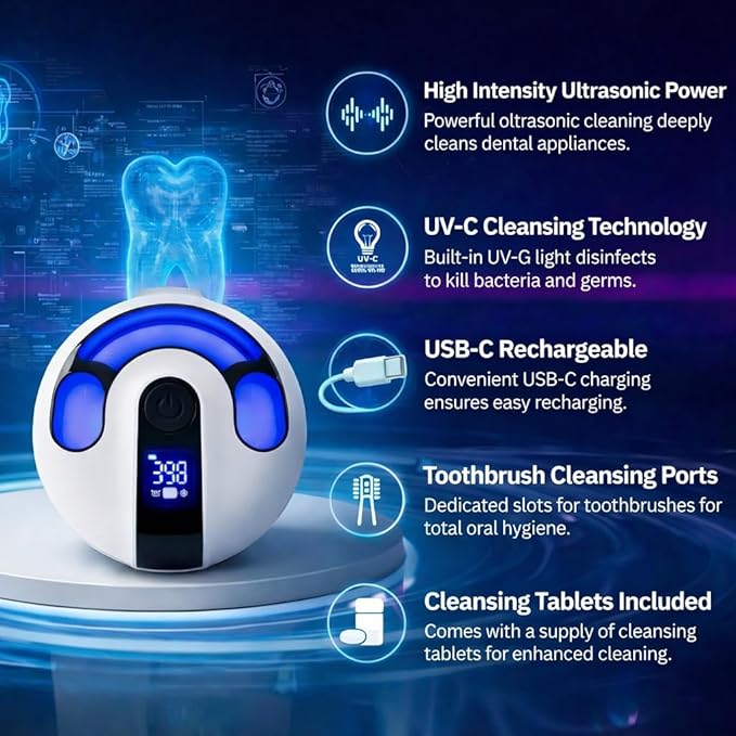 | Oral Cleansing Pod Pro + UV | Dentist-Designed Dental Pod for Retainers, Dentures & Aligners | Rechargeable USB-C (Artic White)