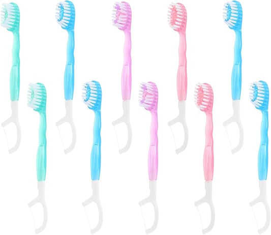 Housoutil Disposable Mini Toothbrushes with Floss, 10pcs Portable Travel Toothbrushes Soft Bristles Oral Care Kit for On-The-go Use and Office Teeth Cleaning