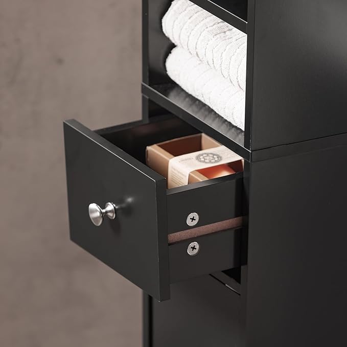 SoBuy Narrow Bathroom Storage Cabinet, Tall Slim Bathroom Organizers and Storage for Small Spaces, Freestanding Skinny Cabinet with Doors and Shelves for Tight Corners, Black BZR34-SCH