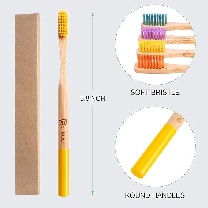 Bamboo Toothbrushes Medium Hard Bristles for Adults 10 Pack, Wooden Toothbrush Family Set Natural Organic Tooth Brush Multi-Color