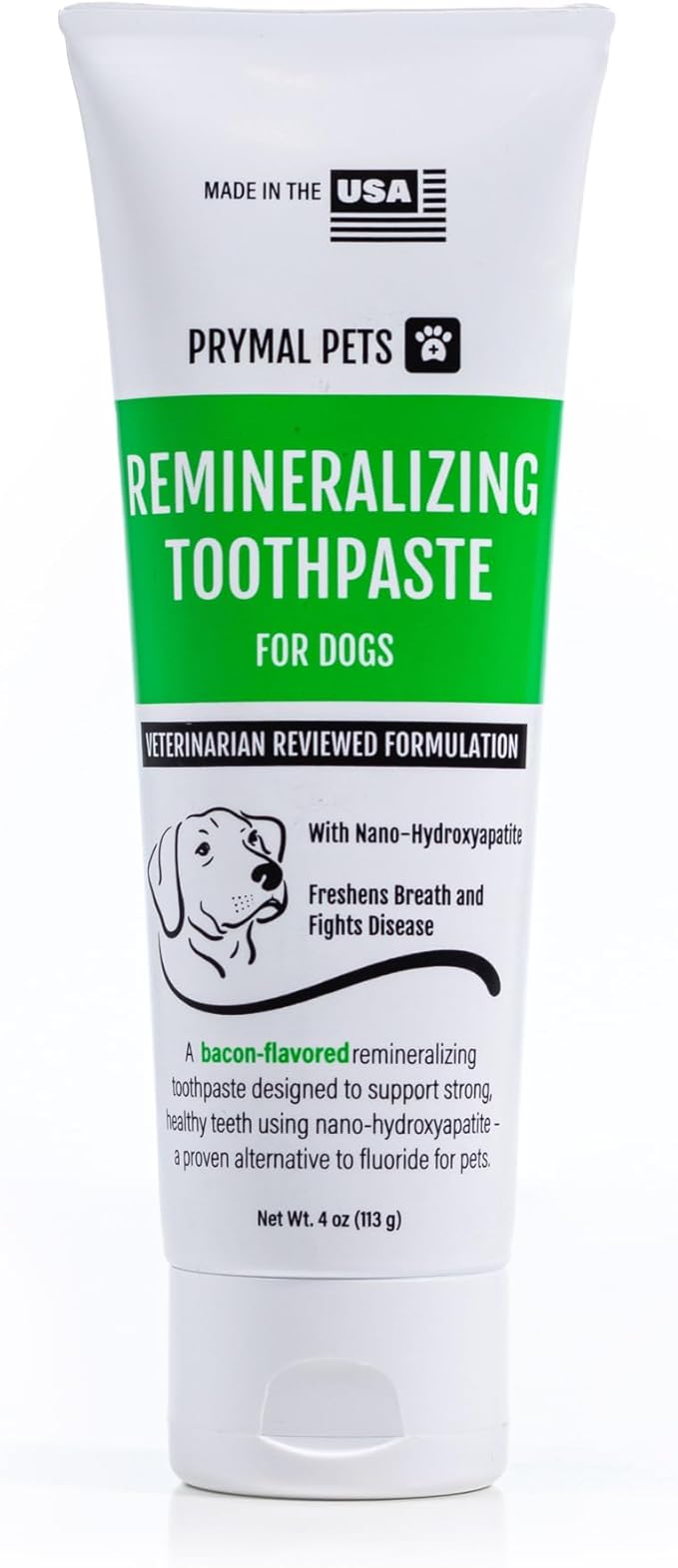 Prymal Pets Remineralizing Dog Toothpaste with Nano-Hydroxyapatite – Bacon Flavor, Fluoride-Free & Safe to Swallow, Veterinarian Reviewed, Made in USA, Fights Plaque & Freshens Breath (4 oz)