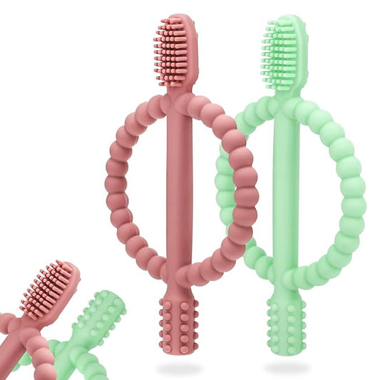 Baby Teething Toys with Easy-Hold Handle, Silicone Infant Toothbrush, Textured On Both Sides Helps Massage, Soothe Sore Gums, Teething Toys for Babies 0-6 Months, 6-12 Months Bright Green & Caramel