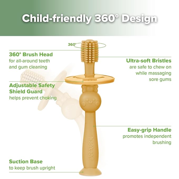 haakaa 360° Baby Toothbrush with Suction Base - Gentle Cleaning for Toddler's Self-Brushing Training, Food-Grade Silicone, Adjustable Safety Shield - Mustard (1 Piece)