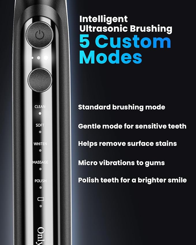 Onlyone Sonic Electric Toothbrush for Adults, Rechargeable Ultrasonic Electric Toothbrush with 8 Brush Heads, Travel Case, Charging Base & Wireless Charging - 5 Modes with Smart Timer