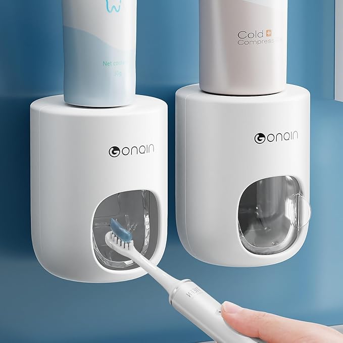 Toothpaste Dispenser Wall Mount for Bathroom-Toothpaste Holder Automatic Toothpaste Squeezer with Cover for Bathroom Organizer Storage (White)