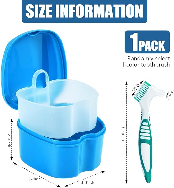 Light Blue Denture Bath Case Cup Box Holder Storage Container with Denture Cleaner Brush Strainer Basket for Travel Cleaning