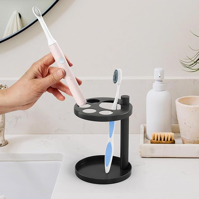 Toothbrush Holder Stand for Bathroom, Metal Stainless Steel Ventilated Organizer with Slots for Toothpaste, Electric Toothpaste,Bathroom Countertop Organizer,Footprint Base Design Black