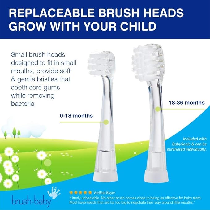 brush-baby BabySonic Infant and Toddler Electric Toothbrush for Ages 0-3 Years - Smart LED Timer and Gentle Vibration Provide a Fun Brushing Experience - Includes 2 Sensitive Brush Heads (Pink)