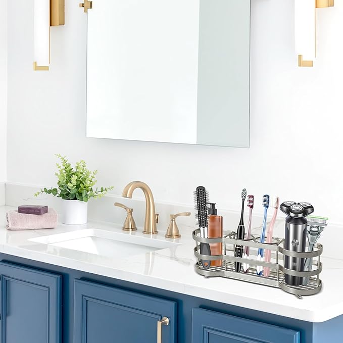Wall Mount Toothbrush Holder for Shower Stainless Steel Toothbrush Stand, Self-Adhesive Wallmount/Countertop 4 Slots Bathroom Accessories Organizer (Silver 1)