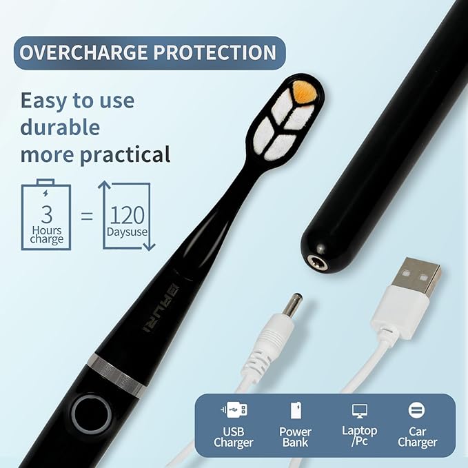 Bauri Electric Toothbrush, Rechargeable Sonic Electric Toothbrush with 3 Brush Heads,Super Slim Toothbrush, IPX7,3 Modes,Toothbrush (Black)