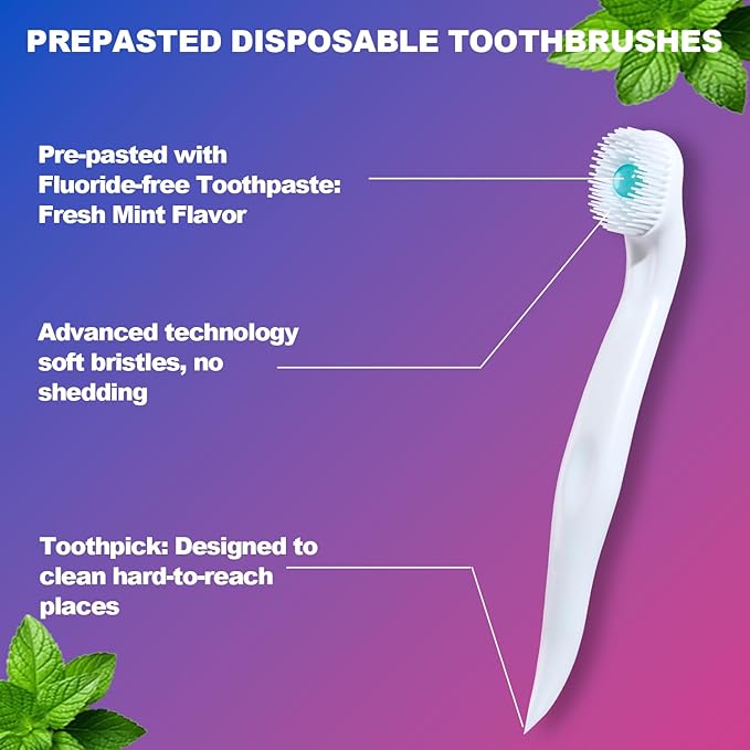 EchoRid Mini Disposable Toothbrush, Pre-Pasted Toothbrushes with Toothpaste and Toothpick for Travel - Fluoride Free, No Rinsing Needed, Mint Flavor, Fresh Breath Anywhere Anytime - 16 Ct