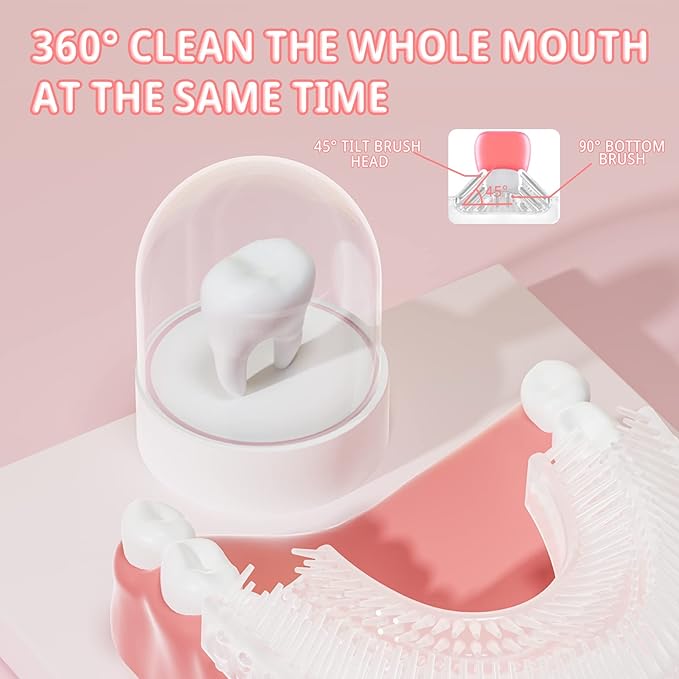 Kids Electric U Shaped Toothbrush,Kids Dinosaur Sonic Full Mouth Toothbrush with 4 Soft Brush Head Automatic 6 Cleaning Modes IPX7 Waterproof 360 Degree Cleaning - Age8-15 Pink