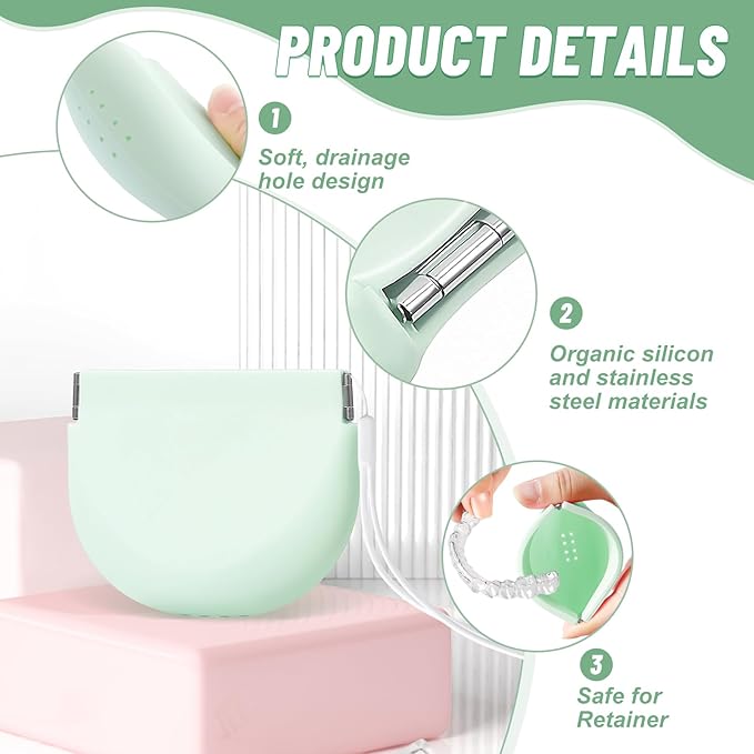Silicone Retainer Denture Storage Case Holder, Portable Slim Dental Container Cleaning Box with Drain Holes and Leakproof for Aligners, Mouth Guards, Night Guards, Removable Dental Appliances (Green)