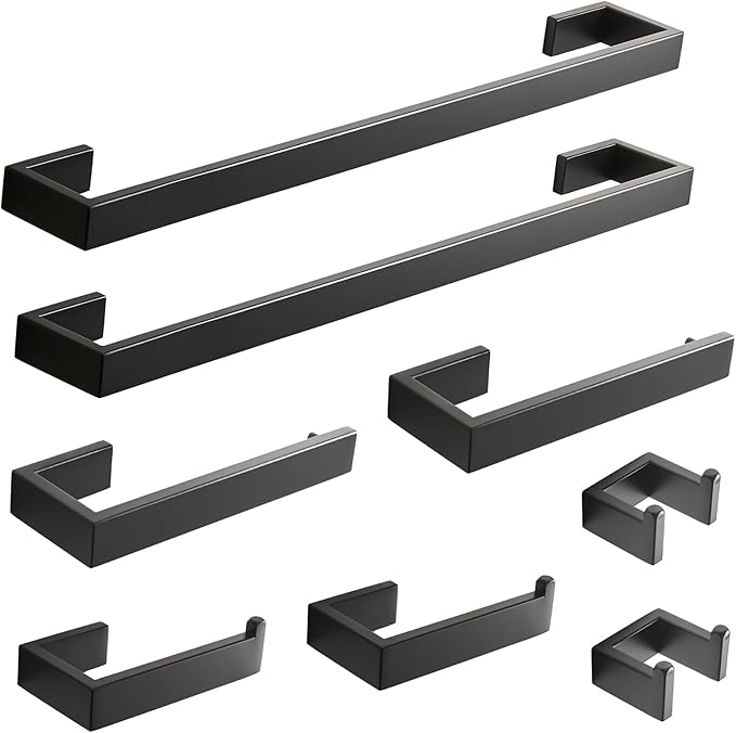 Fapully 8 Piece Bathroom Hardware Accessories Set Stainless Steel Matte Black Wall Mounted
