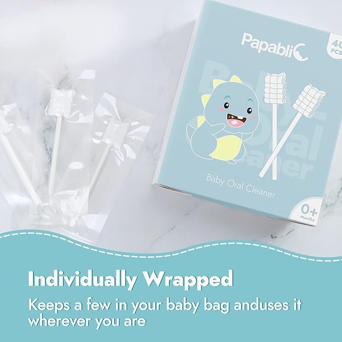 Papablic Baby Tongue Cleaner, Baby Oral Cleaner, Disposable Infant Mouth Cleaner Newborn, Upgrade Gum Cleaner with Paper Handle or Infants Ages 0-2 Years, 40 Pack