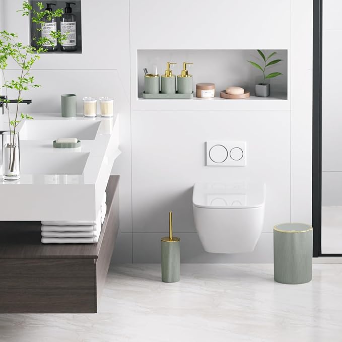 Sage Green Bathroom Accessories Set, 10PC Bathroom Set, Bath Accessory with Pop Up Trash Can, Soap Dispenser, Toilet Brush, Toothbrush Set Qtip Holders & Tray
