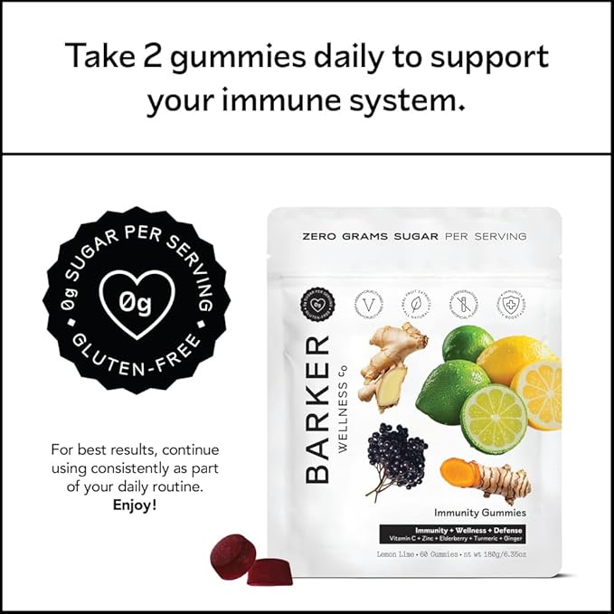Barker Wellness Immunity Gummies with Vitamin C, Zinc, Elderberry, Turmeric & Ginger for Daily Immune Support | Vegan, Sugar-Free, Lemon-Lime Flavor | Seasonal Wellness Essentials, 60 Count