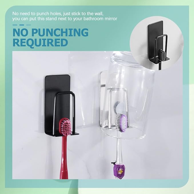 Stainless Toothbrush Rack Wall Adhesive Holder with Cup Black 2pcs Hanging Bathroom Organizer for Electric and Manual Toothbrushes