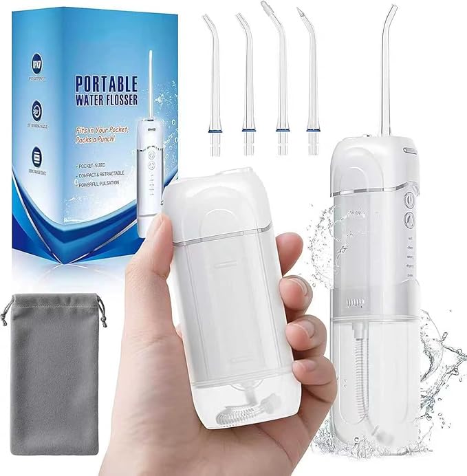Mini Cordless Water Flosser for Travel, Portable Electric Dental Oral Irrigator for Smile Teeth Braces with 5 Cleaning Modes Rechargeable, Includes 4 Jet Tips & Storage Bag