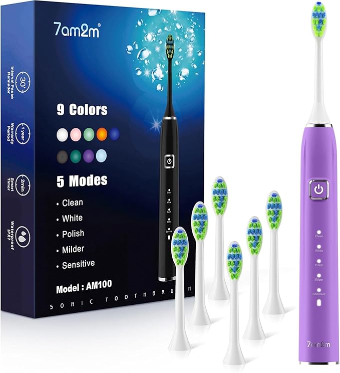 7AM2M Ultrasonic Electric Toothbrush with 6 Brush Heads for Adults&Kids, Type C Charging, One Charge for 120 Days, 5 Modes&40000VPM Powered Toothbrush, 2 Minutes Built in Smart Timer (Purple)