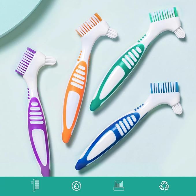 Denture Brush Dual Head Toothbrushes False Teeth Brush Denture Cleaning Kit Toothbrush (Blue Green)
