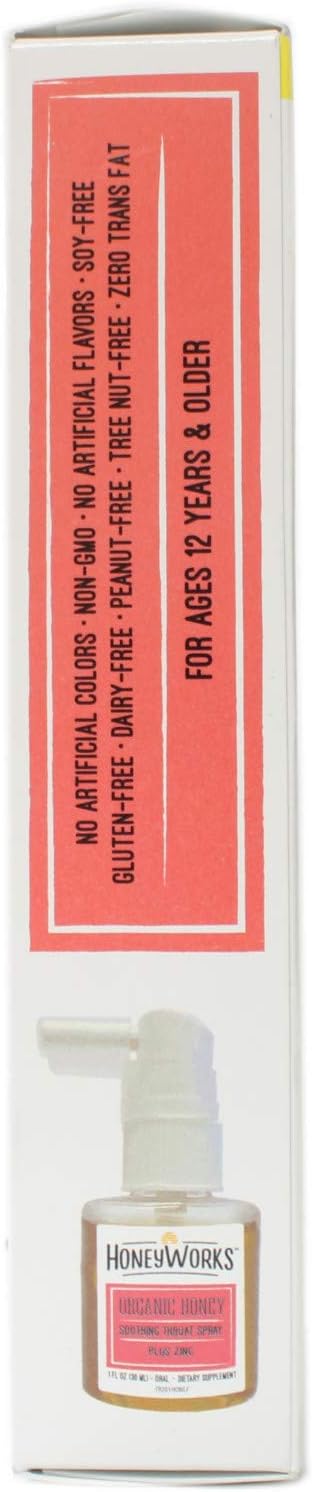 HoneyWorks Adult Throat Spray for Sore Throat Relief, 1 Oz, Soothing Non-GMO USDA Organic Dark Honey + Zinc, Fast-Acting Relief, Ages 12 Years+