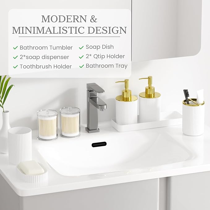 White and Gold Bathroom Accessories Set, 10PC Bathroom Set, Bath Accessory with Pop Up Trash Can, Soap Dispenser, Toilet Brush, Toothbrush Set Qtip Holders & Tray