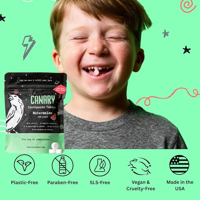 Canary Nano Hydroxyapatite Toothpaste Tablets Watermelon - Remineralizing, Fluoride Free, All Natural Tabs with Xylitol - Great for Kids, Plastic Free - 240 Count